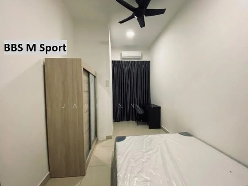Bedroom features: white painted walls, tile flooring, 5-blade ceiling fan, wall-mounted split AC, queen-size bed, built-in wardrobe with sliding doors, black study desk, dark grey curtains; style: modern.