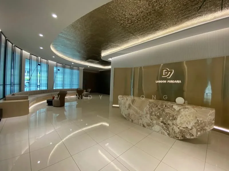 Room features: marble reception desk, gold accent wall, white tiled flooring, recessed lighting, curved ceiling with gold finish, large windows with natural light, modern seating area with armchairs, decorative wall paneling; style: modern; view: city.