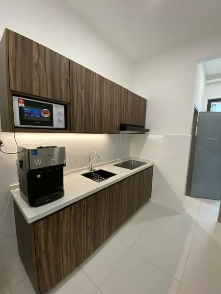 Kitchen features: wood cabinetry with dark finish, white countertop, single-bowl stainless-steel sink, chrome pull-down faucet, built-in microwave, coffee machine, stainless-steel fridge, white tiled flooring, under-cabinet lighting, wall-mounted range hood; style: modern.
