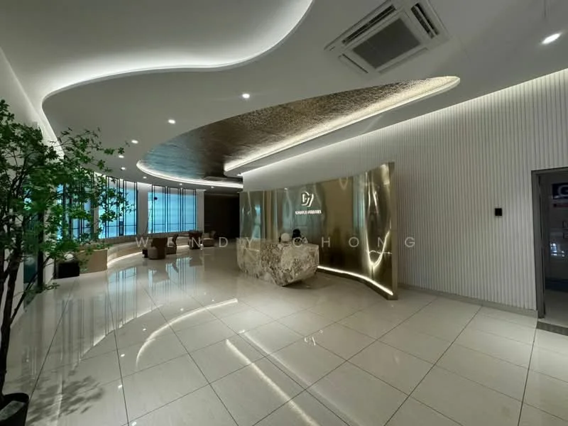 Room features: marble reception desk, polished tile flooring, curved ceiling with integrated lighting, recessed LED lighting, large windows with city view, decorative indoor tree, neutral wall paneling, seating area with modern furniture; style: modern; view: city.