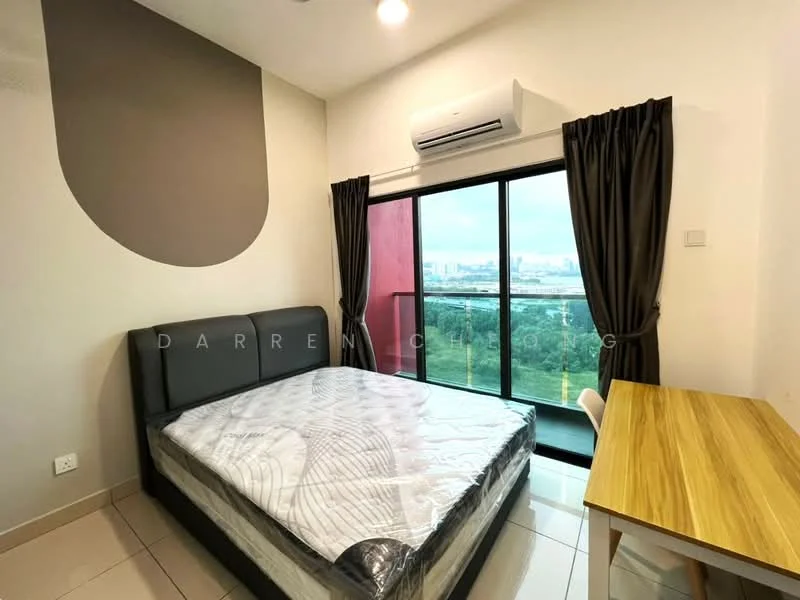 Bedroom features: king-size bed with upholstered headboard, floor-to-ceiling windows, curtains in dark brown, wooden study desk, white painted walls, cream tiled flooring, air conditioning unit, view of city skyline; style: modern; view: city.