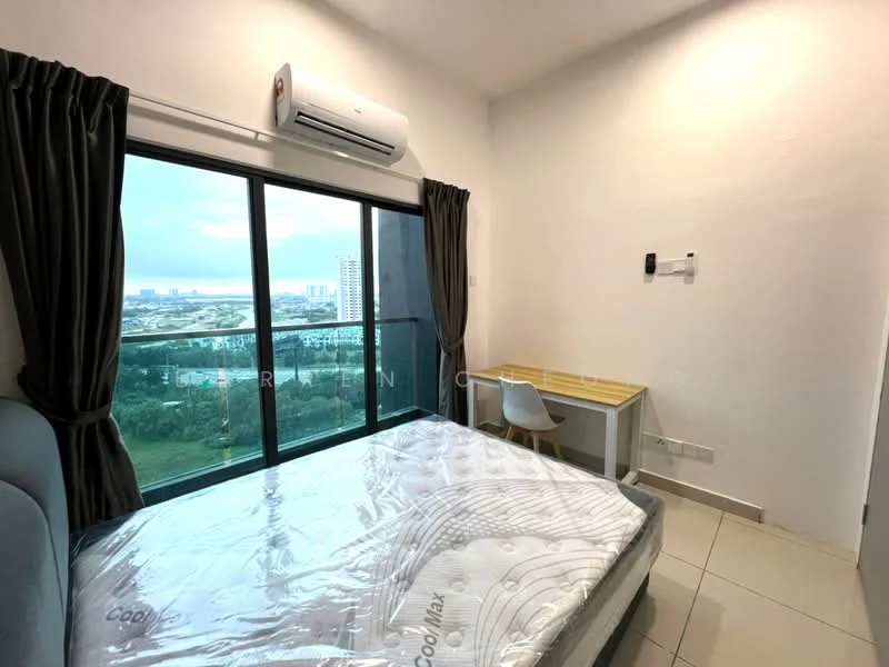 Bedroom features: king-size bed, floor-to-ceiling windows, grey curtains, study desk, wall-mounted TV, air conditioning unit, tile flooring, white painted walls; style: modern; view: city.