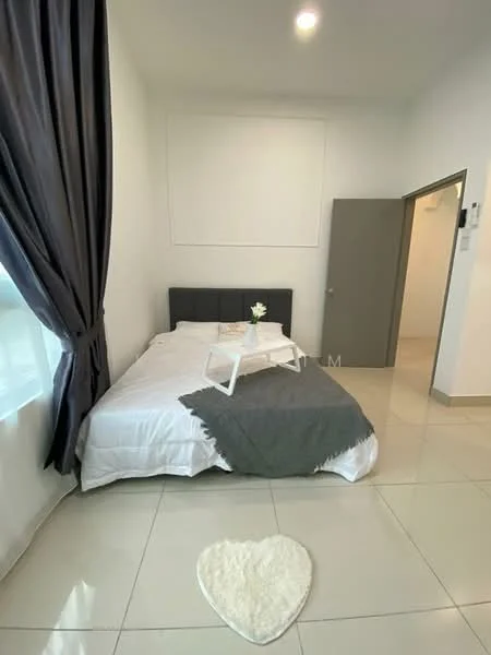 Bedroom features: queen-size bed with grey upholstered headboard, white bedding, grey throw blanket, white tray table, large window with sheer curtains, white tiled flooring, decorative flower in vase, heart-shaped rug; style: modern.