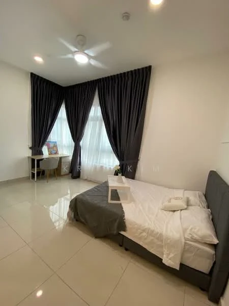 Bedroom features: queen-size bed, grey upholstered headboard, white bedding, 2 bedside pillows, white walls, grey curtains, floor-to-ceiling windows, ceiling fan with light, tile flooring, study desk, chair; style: modern.