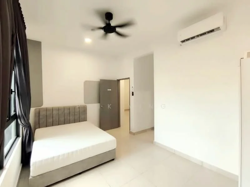 Bedroom features: queen-size bed, upholstered headboard, 1 wall-mounted split AC, ceiling fan, white painted walls, tile flooring, window with black curtains, built-in wardrobe, light fixture, neutral colour scheme; style: modern.