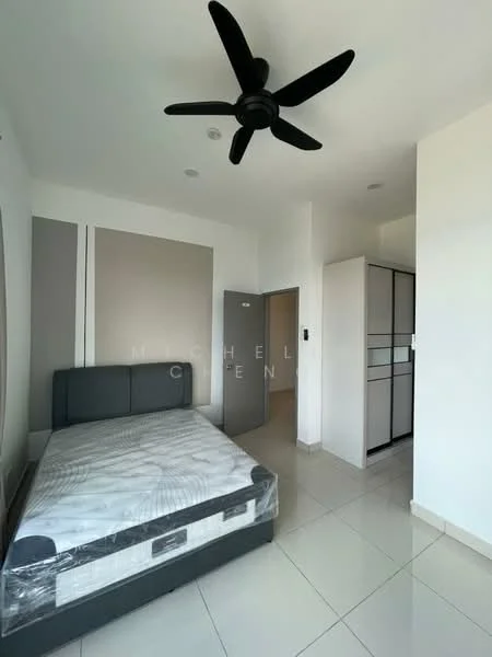 Bedroom features: queen-size bed with mattress, upholstered headboard, 5-blade ceiling fan, white painted walls, grey accent wall, sliding mirror wardrobe, tile flooring, window with natural light, light switch, door to hallway; style: modern.