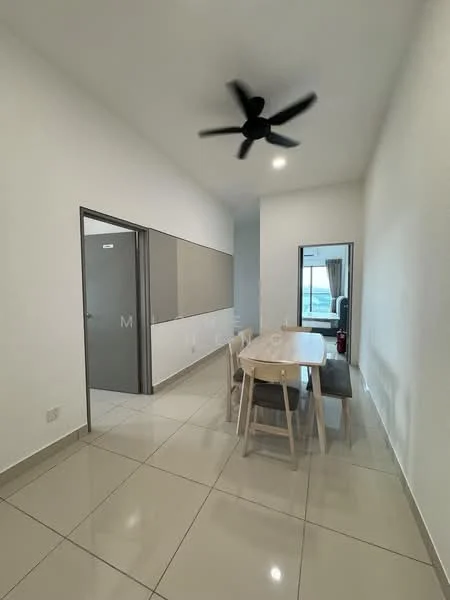 Dining features: rectangular dining table, 4 wooden dining chairs, grey upholstered bench, white painted walls, glossy beige tile flooring, 5-blade ceiling fan, recessed downlights, large window with curtains, mirror on wall, doorway leading to hallway, fire extinguisher on floor; style: modern.