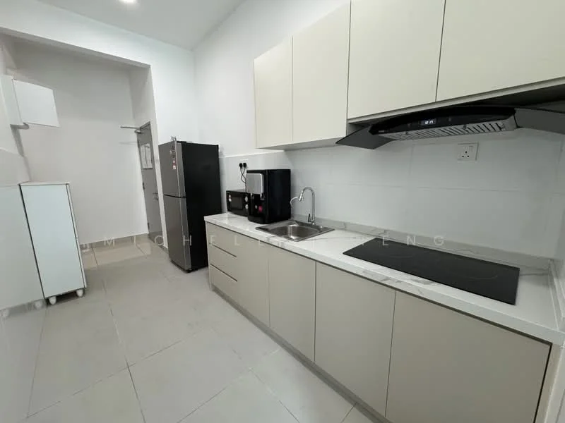 Kitchen features: light grey cabinetry, white countertop, built-in electric cooktop, stainless-steel range hood, black coffee machine, stainless-steel fridge, white refrigerator, ceramic tile flooring, white tiled backsplash, single-bowl stainless-steel sink, chrome pull-down faucet, wall-mounted kitchen cabinet, open shelving; style: modern.