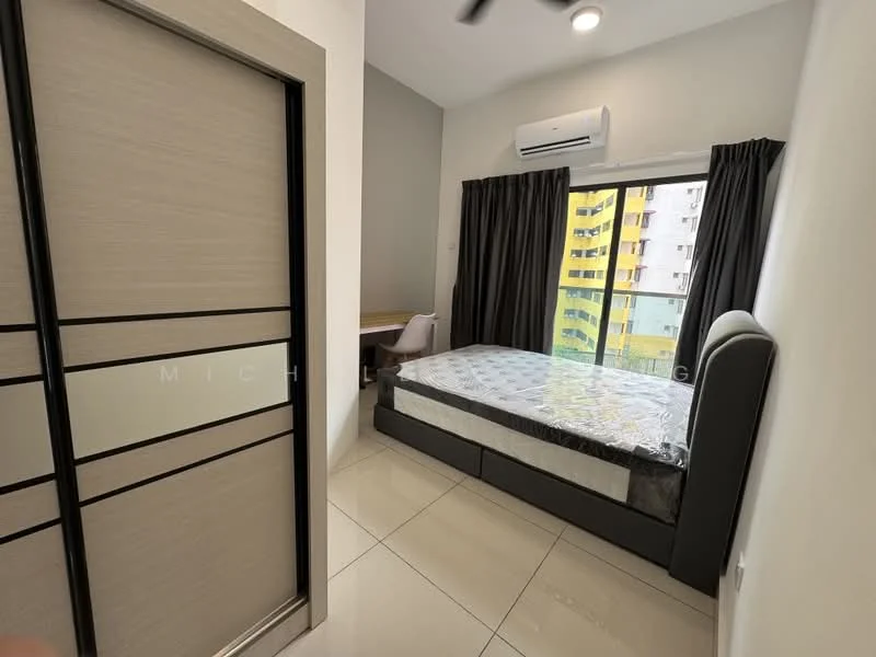 Bedroom features: queen-size bed, upholstered headboard, built-in wardrobe with sliding doors, desk with chair, floor-to-ceiling window, blackout curtains, air conditioning unit, tile flooring, neutral wall color, recessed ceiling lights; style: modern; view: city.