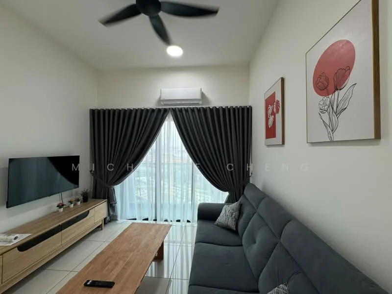 Living features: 3-seater fabric sofa in grey, wooden coffee table, wall-mounted TV, TV console with storage, floor-to-ceiling windows, blackout curtains, ceiling fan, decorative wall art, white painted walls, glossy tile flooring, air conditioning unit; style: modern; view: city.