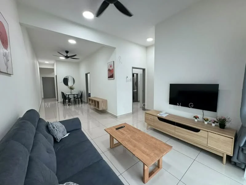 Living features: grey fabric sofa, wood coffee table, wall-mounted TV, TV console with drawers, white painted walls, glossy tile flooring, recessed LED downlights, 2-blade ceiling fan, decorative wall art, indoor plant in ceramic pot; style: modern. Hallway features: white painted walls, glossy tile flooring, 2-blade ceiling fan, doorway leading to other rooms; style: modern.