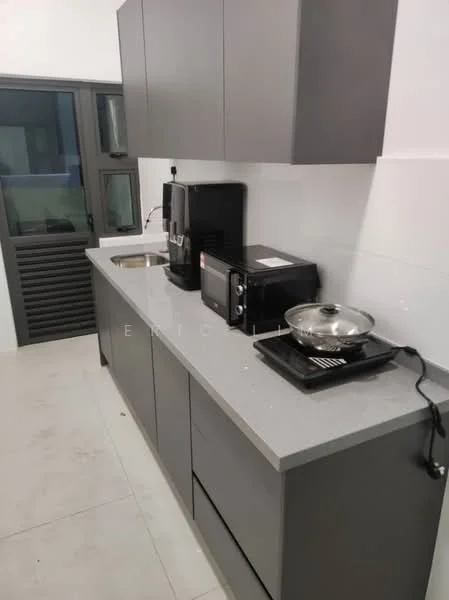 Kitchen features: grey cabinetry, marble countertop, single-bowl stainless-steel sink, chrome pull-down faucet, built-in microwave, freestanding range oven, black coffee machine, stainless-steel frying pan, tile flooring, white tiled backsplash, window with louvered shutters; style: modern.