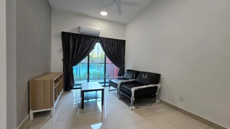Living features: grey accent wall, white painted walls, glossy tile flooring, 5-blade ceiling fan with light, floor-to-ceiling windows, black leather sofa, wooden TV console, glass coffee table, black curtains, air conditioning unit; style: modern; view: garden.