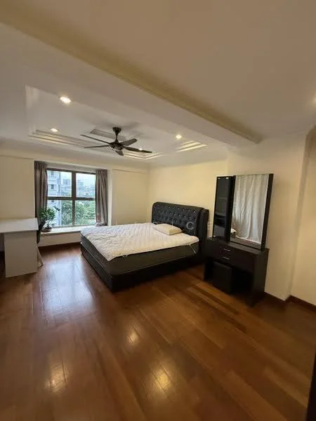 Bedroom features: king-size bed with upholstered headboard, wooden flooring, ceiling fan with light, recessed downlights, large window with city view, curtains, study desk, dressing table with mirror, built-in wardrobe; style: modern; view: city.