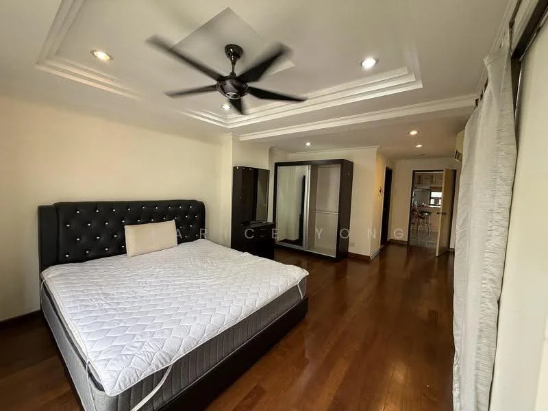Bedroom features: king-size bed, upholstered headboard, wooden flooring, ceiling fan with light, recessed downlights, built-in wardrobe with sliding doors, decorative ceiling with crown moulding, large window with sheer curtains; style: modern.