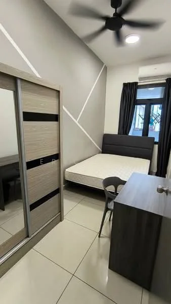 Bedroom features: queen-size bed frame without mattress, wooden study desk, plastic chair, built-in wardrobe with sliding doors, grey painted walls, white ceiling, ceiling fan, floor-to-ceiling window, blackout curtains, ceramic tile flooring, air conditioning unit; style: modern.