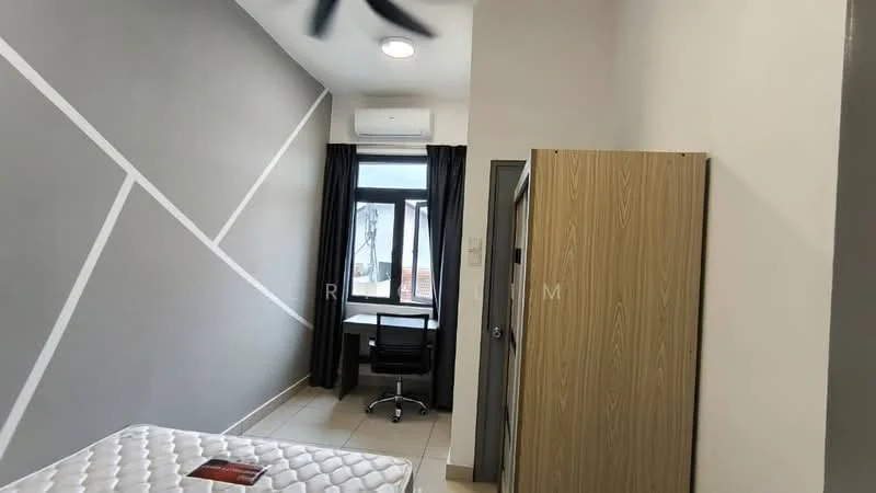 Bedroom features: grey accent wall, white painted walls, tile flooring, 1 wall-mounted split AC, floor-to-ceiling window, blackout curtains, desk with chair, built-in wardrobe, queen-size mattress, ceiling light; style: modern; view: city.