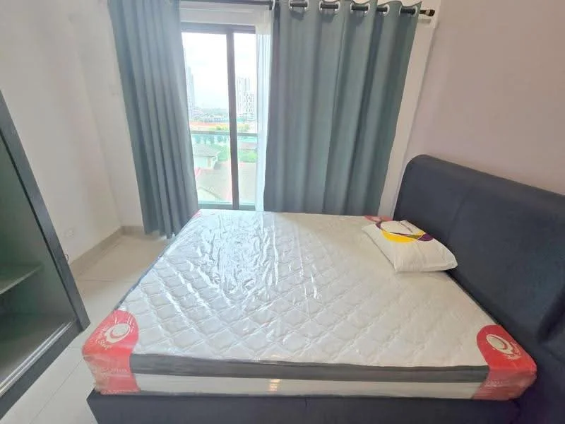 Bedroom features: queen-size bed, grey upholstered headboard, floor-to-ceiling window, curtains in light blue, white walls, tile flooring, decorative pillow, built-in wardrobe; style: modern; view: city.