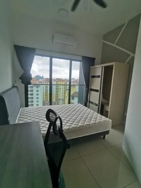 Bedroom features: queen-size bed, upholstered headboard, floor-to-ceiling windows, grey curtains, air conditioning unit, built-in wardrobe, study desk, tile flooring, decorative wall with geometric pattern; style: modern; view: city.