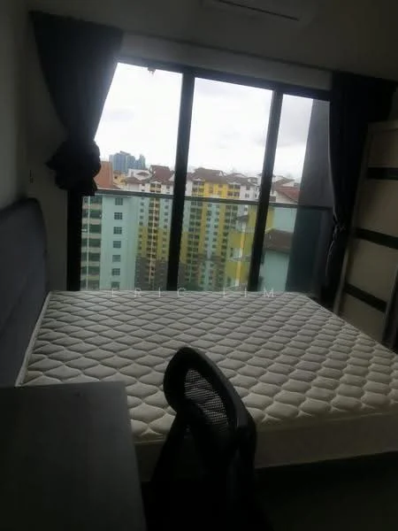 Bedroom features: floor-to-ceiling windows, grey curtains, unmade bed with mattress, desk with chair, light-colored walls, city view, built-in wardrobe, laminate flooring; style: modern; view: city.