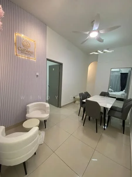 Dining features: white dining table, 4 upholstered dining chairs in grey, 2 accent chairs in white, recessed downlights, ceiling fan with light, mirrored wall, cream tiled flooring, decorative wall paneling with vertical stripes, wall-mounted logo sign, doorway leading to another room; style: modern.