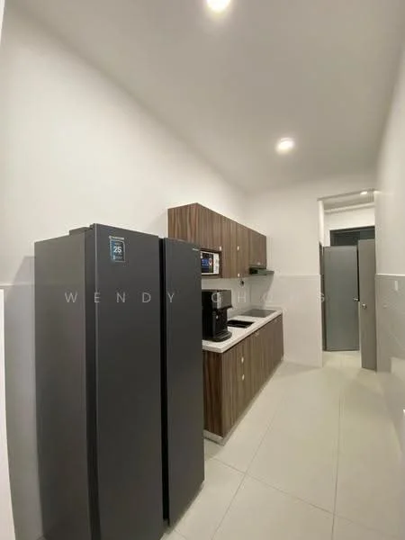 Kitchen features: grey stainless-steel fridge, built-in microwave, black coffee machine, white countertop, wood cabinetry with brown finish, ceramic tile flooring, recessed downlights, white painted walls, single-bowl stainless-steel sink, chrome pull-down faucet; style: modern.