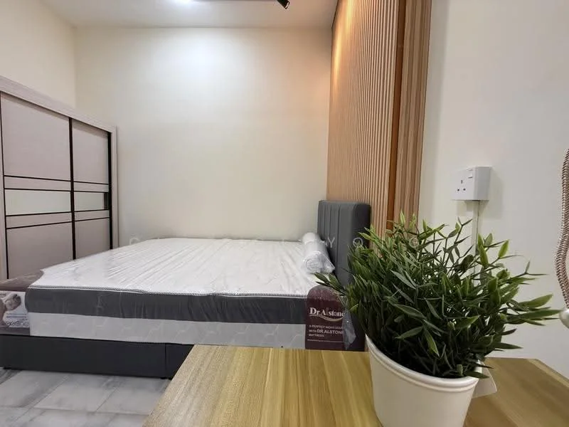 Bedroom features: queen-size bed, upholstered headboard, wooden bedside table, built-in wardrobe with sliding doors, decorative plant in white pot, grey bedding, wood panel accent wall, recessed lighting; style: modern.