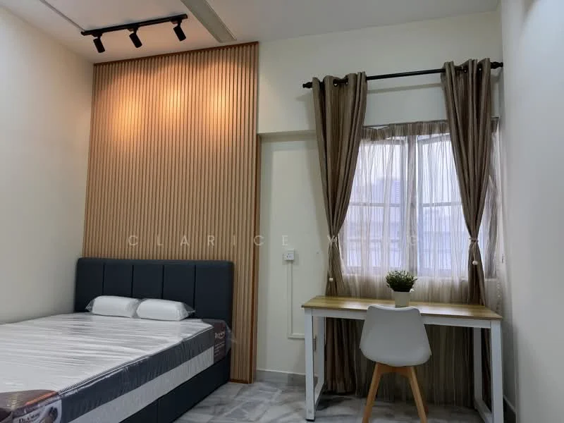 Bedroom features: queen-size bed with grey upholstered headboard, wood panel accent wall, white painted walls, marble tile flooring, floor-to-ceiling window with sheer curtains, desk with white chair, recessed LED downlights, decorative plant on desk; style: modern.