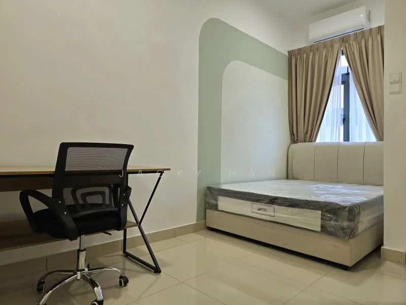 Bedroom features: single bed with mattress, study desk with chair, cream painted walls, light green accent wall, floor-to-ceiling window, sheer curtains, wall-mounted air conditioning unit, glossy tile flooring; style: modern.