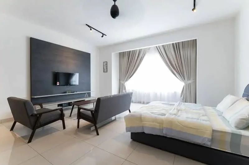 Living features: queen-size bed with light bedding, 2-seater fabric sofa in dark grey, wooden coffee table, wall-mounted TV, black accent wall, floor-to-ceiling window with sheer curtains, recessed ceiling lights, light-colored tiled flooring, decorative wall art, curtains with a neutral color, open layout, minimalist decor; style: modern.