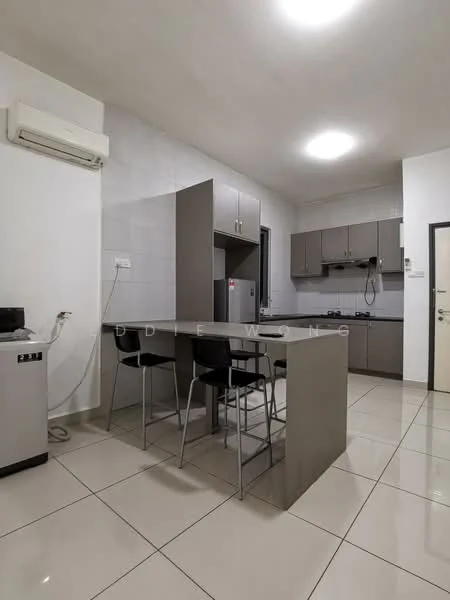 Kitchen features: grey cabinetry, white tiled walls, white ceiling, recessed downlights, island counter with seating, stainless-steel sink, built-in stove, exhaust hood, microwave, fridge, wall-mounted split AC, ceramic tile flooring; style: modern.