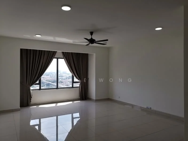 Living features: large floor-to-ceiling windows, city view, cream painted walls, white ceiling, 5-blade ceiling fan, recessed LED downlights, glossy ceramic tile flooring, curtains, neutral color scheme; style: modern; view: city.