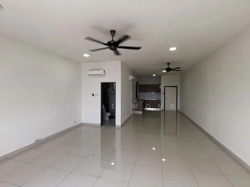 Living features: white painted walls, glossy ceramic tile flooring, 2 ceiling fans, 1 wall-mounted split AC, open layout, large windows, neutral color scheme, recessed lighting; style: modern. Room features: doorway leading to bathroom, kitchen area visible in background.