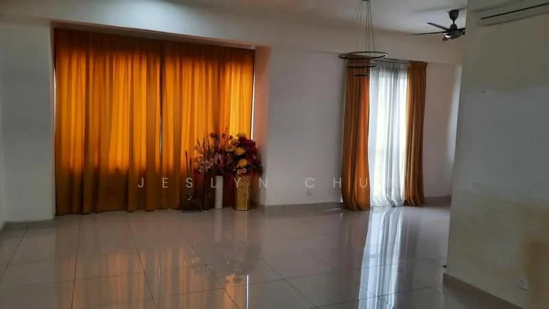 Living features: large floor-to-ceiling windows, orange sheer curtains, cream walls, glossy porcelain tile flooring, ceiling fan, decorative floor vase with flowers, recessed lighting, neutral-colored accent wall; style: modern.