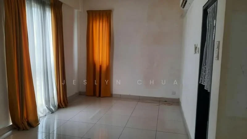 Room features: white painted walls, cream tiled flooring, floor-to-ceiling windows, sheer curtains, orange drapes, air conditioning unit, door with black frame.