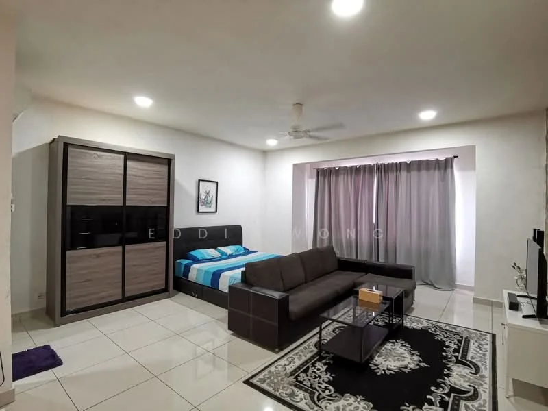 Living features: grey fabric sofa, coffee table, wall-mounted TV, black entertainment unit, queen-size bed with blue and white bedding, built-in wardrobe with sliding doors, floor-to-ceiling windows with grey curtains, white painted walls, glossy tile flooring, ceiling fan with light, decorative area rug with intricate pattern; style: modern.
