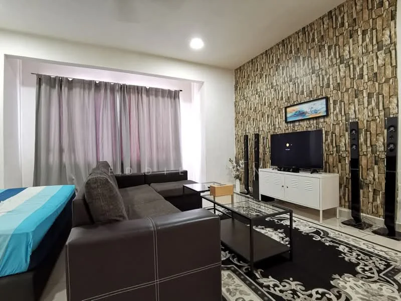 Living features: grey fabric sofa, black leather sectional sofa, area rug with geometric pattern, wall-mounted TV, white TV console, decorative wall with stone cladding, floor-to-ceiling curtains, coffee table, speakers on either side of TV, recessed ceiling lights; style: modern.