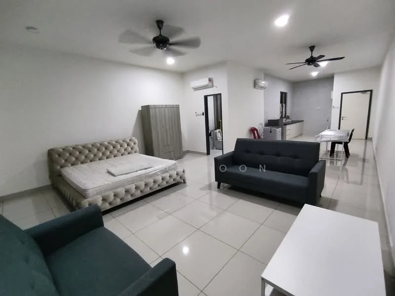 Living features: 2-seater fabric sofa in dark green, 3-seater fabric sofa in grey, queen-size bed frame without mattress, white coffee table, ceiling fan, wall-mounted air conditioning unit, tiled flooring, neutral painted walls, doorway leading to kitchen, light fixtures; style: modern.