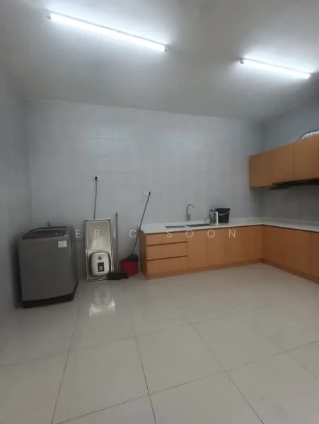 Kitchen features: white tiled walls, glossy white tile flooring, wood cabinetry in light brown, single-bowl stainless-steel sink, chrome pull-down faucet, built-in countertop, washing machine, vacuum cleaner, open shelving, recessed ceiling lights; style: modern.