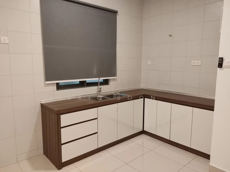 Kitchen features: white cabinetry with flat-panel doors, brown wooden countertop, single-bowl stainless-steel sink, chrome pull-down faucet, grey roller blinds, white tiled walls, white tiled flooring, built-in electrical outlets; style: modern.