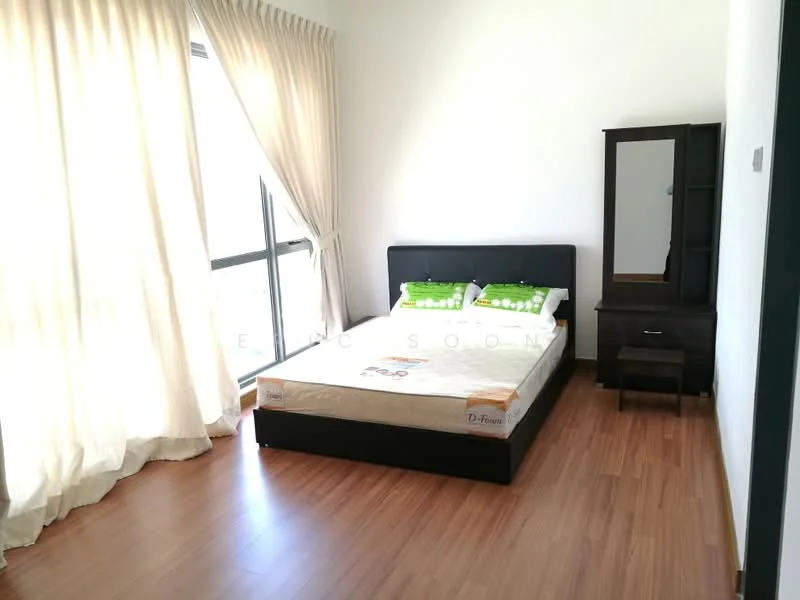 Bedroom features: queen-size bed with black upholstered headboard, green decorative pillows, wooden flooring, floor-to-ceiling windows, sheer curtains, black bedside table, full-length mirror, white painted walls; style: modern.