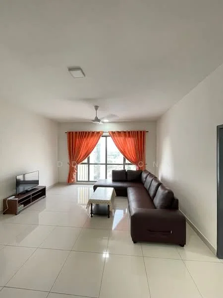 Living features: 3-seater leather sofa in brown, coffee table, TV console, wall-mounted TV, floor-to-ceiling windows, sheer curtains in orange, white painted walls, glossy ceramic tile flooring, ceiling fan with light, recessed downlights; style: modern; view: city.