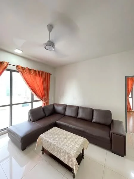 Living features: L-shape sectional sofa in brown leather, coffee table with decorative cloth, 5-blade ceiling fan with light, floor-to-ceiling windows, orange curtains, white painted walls, glossy tile flooring, natural light from windows; style: modern; view: city.