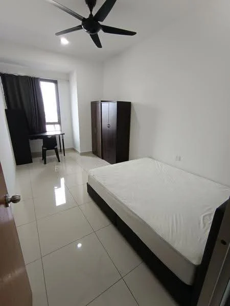 Bedroom features: white painted walls, glossy tile flooring, ceiling fan, single bed frame, mattress, black wardrobe, desk with chair, window with dark curtains; style: modern.