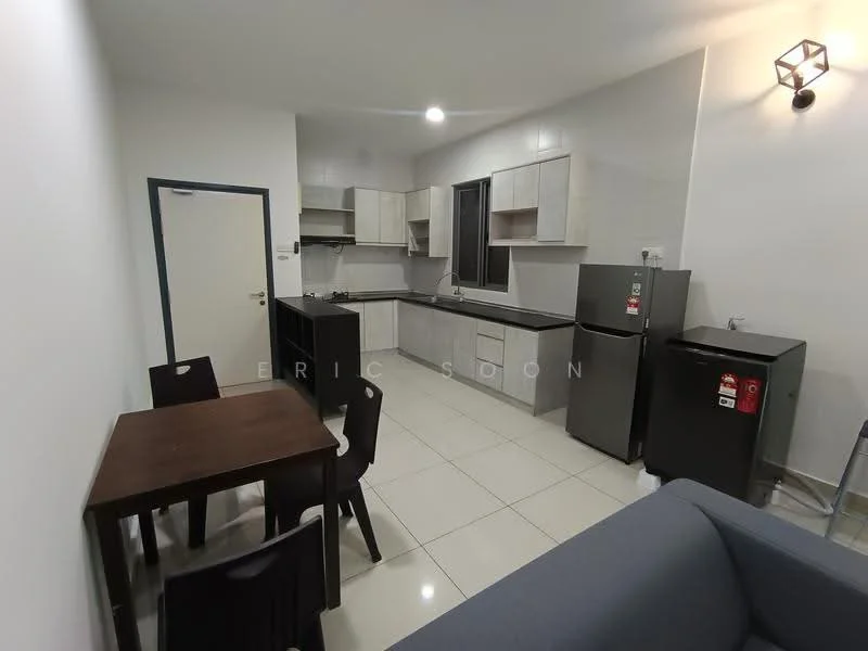 Kitchen features: white cabinets, grey countertops, stainless-steel sink, chrome pull-down faucet, built-in oven, freestanding range oven, stainless-steel fridge, black fridge, ceramic tile flooring, recessed downlights, dining table with 4 black chairs, window with view, open layout to living area; style: modern.