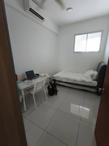 Bedroom features: white painted walls, glossy ceramic tile flooring, single bed with white bedding, black upholstered headboard, study desk with chair, laptop on desk, window with sheer curtains, 1 wall-mounted split AC, ceiling light, backpack on floor; style: modern.
