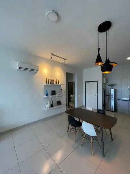 Dining features: dining table with dark wood surface, 4 dining chairs in white, black, and wood, wall-mounted shelving unit, decorative vases on shelves, recessed ceiling lights, 2 pendant lights with black and gold finish, split wall-mounted air conditioning unit, glossy white tiled flooring, neutral painted walls, doorway leading to kitchen area; style: modern.