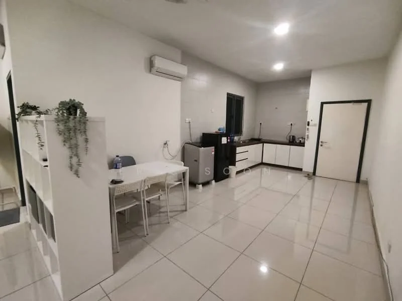 Kitchen features: white painted walls, polished ceramic tile flooring, recessed downlights, 1 wall-mounted split AC, kitchen cabinetry with white finish, black countertop, stainless-steel fridge, built-in oven, freestanding range oven, sink, dining table with 4 chairs, open shelving, window, door leading to hallway; style: modern.