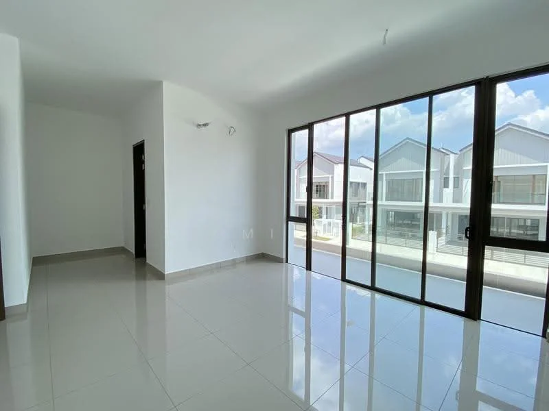 Room features: white painted walls, glossy ceramic tile flooring, large floor-to-ceiling windows, black window frames, natural light from windows, minimalist design, no visible furniture, neutral color palette; style: modern; view: courtyard.