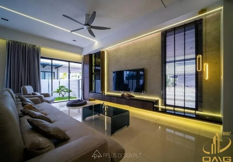 Living features: 3-seater fabric sofa in beige, coffee table, wall-mounted TV, TV console, floor-to-ceiling windows, sheer curtains, recessed LED downlights, ceiling fan with light, decorative wall with LED strip lighting, polished tile flooring, accent wall with textured finish; style: modern; view: garden.